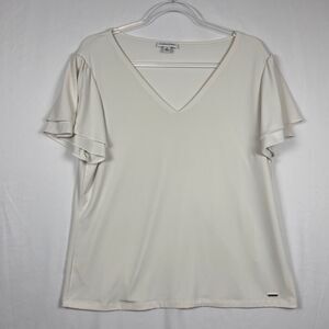 Calvin Klein Women's V Neck Double Ruffle/Flutter Sleeve Top XL Off White